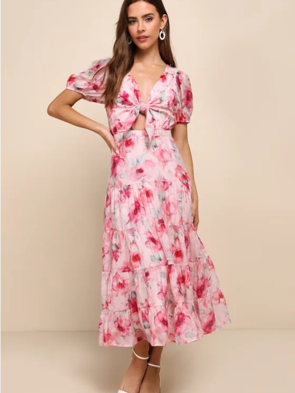 Darling Event Pink Floral Print Tiered Tie-Front Midi Dress